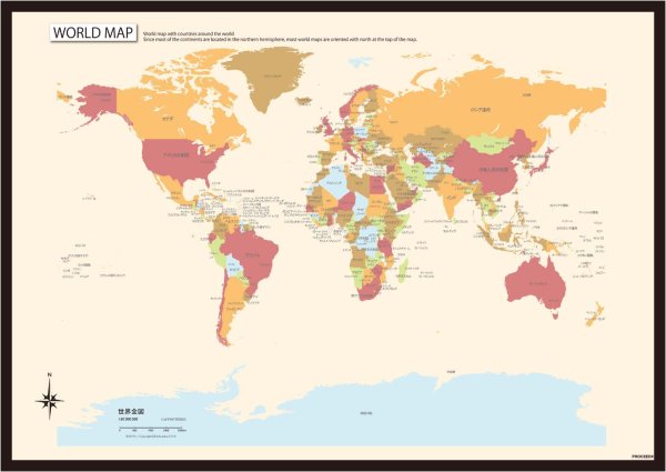 PROCEEDX美しい世界地図　パステルカラーベージュ2　学習ポスターミニマルマップ　フレーム付きA2サイズ日本製1263