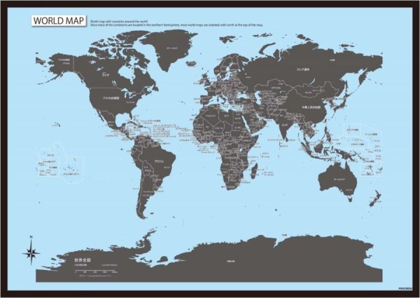 PROCEEDX美しい世界地図　パステルカラーブルー2　学習ポスターミニマルマップ　フレーム付きA2サイズ日本製1266