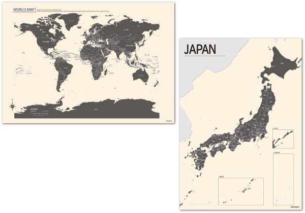 画像1: PROCEEDX美しい日本+世界地図セット パステルカラーベージュ1 学習ポスターミニマルマップA2サイズ 日本製 4つ折り送付 影付き1271 (1)