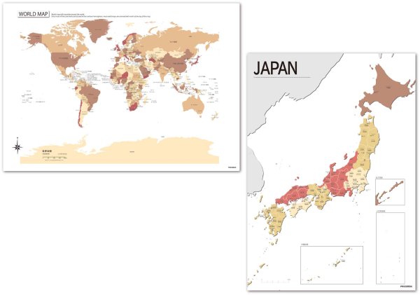 画像1: PROCEEDX美しい日本+世界地図セット パステルカラーベージュ3 学習ポスターミニマルマップA2サイズ日本製 4つ折り送付 影付き1273 (1)