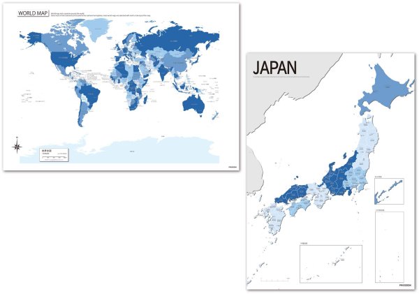 画像1: PROCEEDX美しい日本+世界地図セット パステルカラーブルー1 学習ポスターミニマルマップA2サイズ日本製 4つ折り送付 影付き1274 (1)