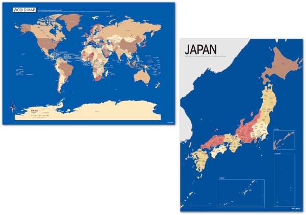 PROCEEDX美しい日本+世界地図セット パステルカラーブルー3 学習ポスターミニマルマップA2サイズ日本製　丸筒送付 影付き1306