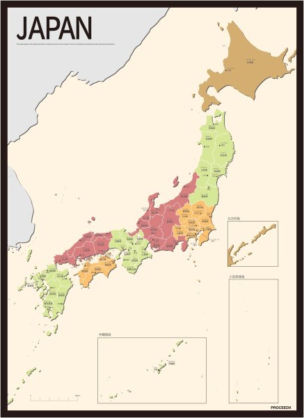 PROCEEDX美しい日本地図 書き込み自由　 パステルカラーベージュ2 学習ポスターミニマルマップ フレーム付きA2サイズ日本製 影付き1310