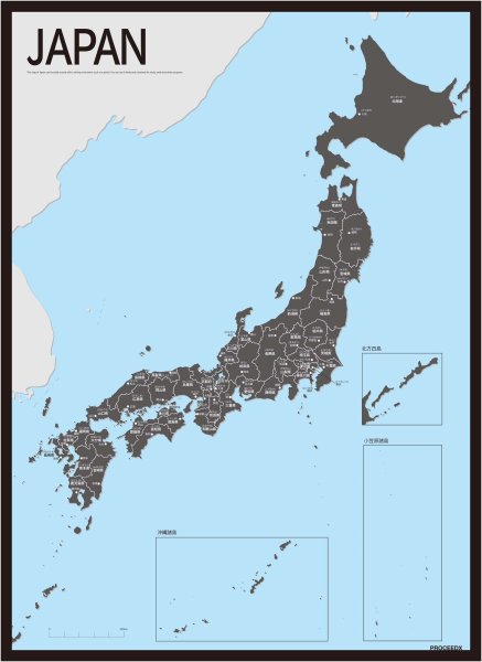 PROCEEDX美しい日本地図 書き込み自由　 パステルカラーブルー2 学習ポスターミニマルマップ フレーム付きA2サイズ日本製 影付き1313