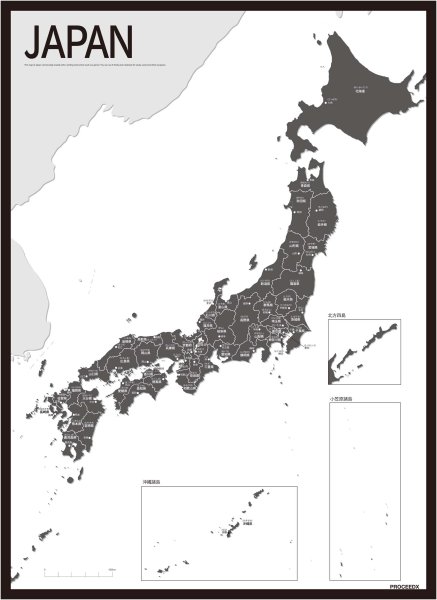 PROCEEDX美しい日本地図 書き込み自由　 ホワイト1学習ポスターミニマルマップ フレーム付きA2サイズ日本製 影付き1315